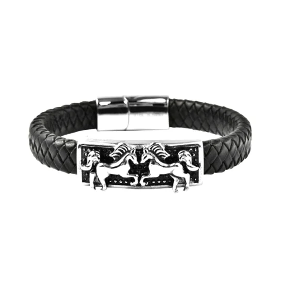 🔥SALE Genuine Leather Braided Dual Horse Bracelet in Black Oxidized Stainless