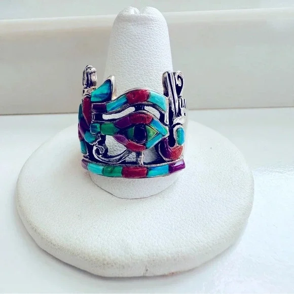 Handmade Sterling Silver Inlay Multi Gem Eye Of Horus Ring Size 11.5