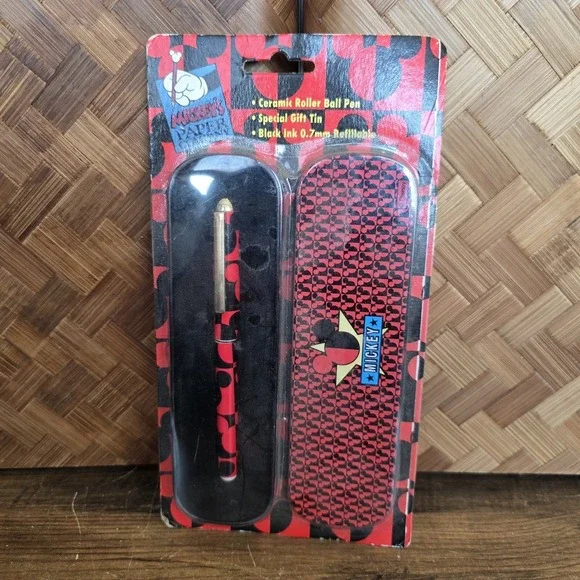 Disney Mickey's Paper Company Roller Ball Pen Red & Black Refillable Gift Tin‎