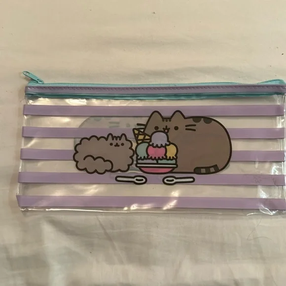 Pusheen clear purple striped plastic pencil case EUC