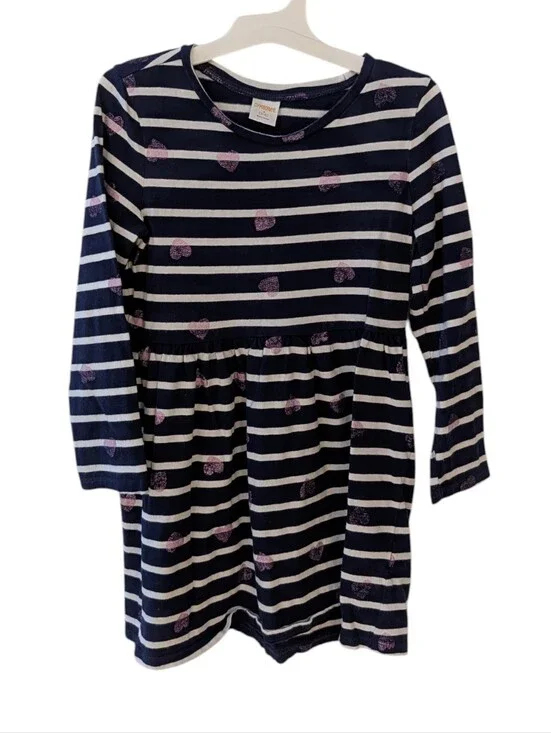 Gymboree Girls Navy&White Striped Dress with Sparkle Purple Hearts Size S 5-6