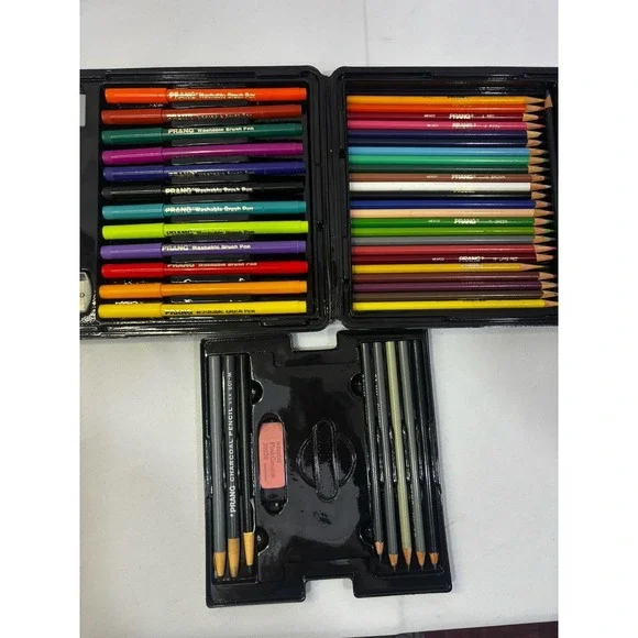 Vintage Prang Crayon Case with 12 Markers, Charcoal Sketching Pencils