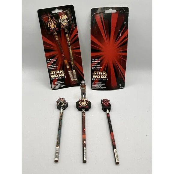 1999 Star Wars Episode 1 Office supplies Figure Eraser & 5 Pencils W/ Topper