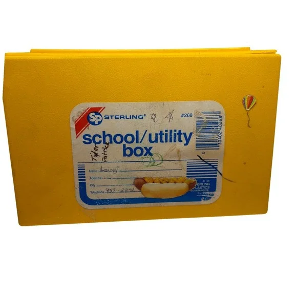 1980s Sterling Plastics Yellow School Utility Box 268 Hot Dog Label 1981 USA‎
