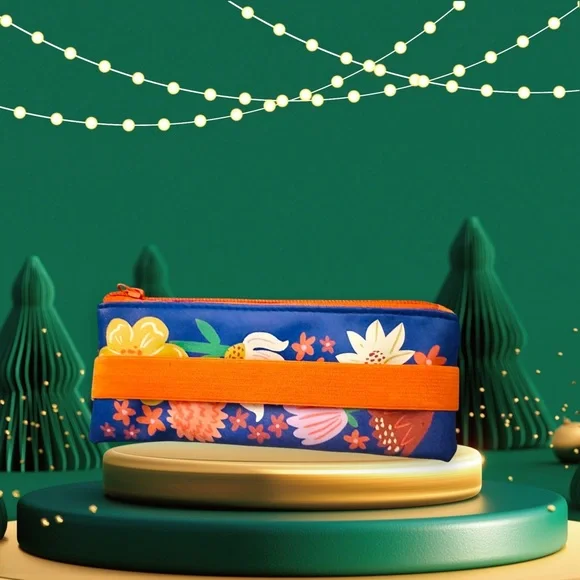 Pencil‎ Bag-Makeup Bag in colorful floral pattern with primary colors & 4 pens.