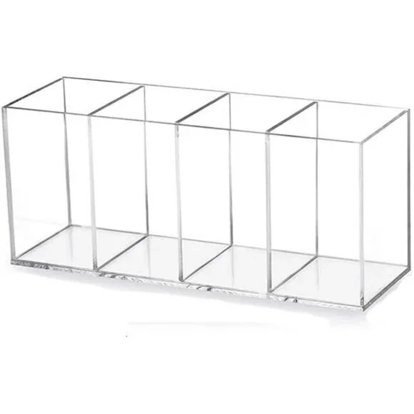 Clear Acrylic Pen Holder Organizer 4Compartment Pencil Makeup Brush Desk Storage