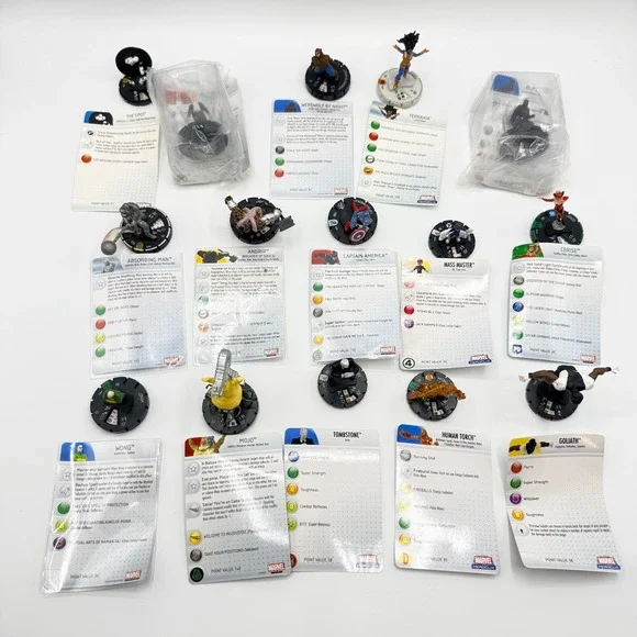 Heroclix Marvel Uncommon, Super Rare, Unique Mixed Lot of 15‎ with Cards Lot G