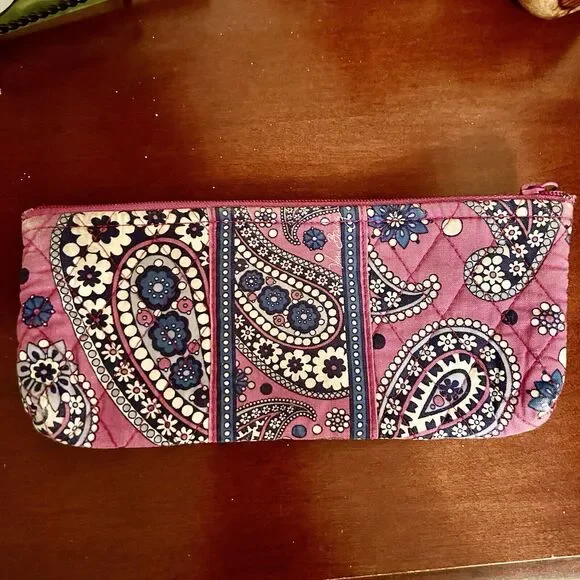 Vera Bradley Boysenberry Paisley Fuchsia Blue White Pencil Bag Case 12 inch