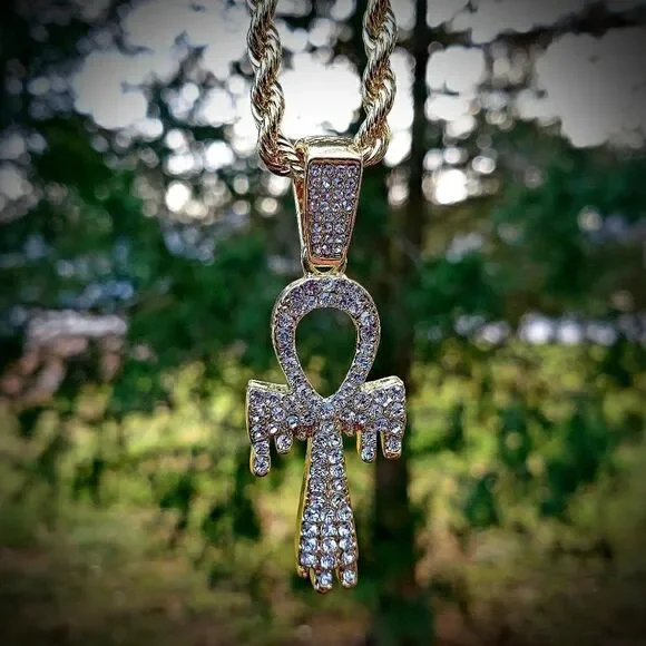 14k GP Iced Out Ankh Drip 24