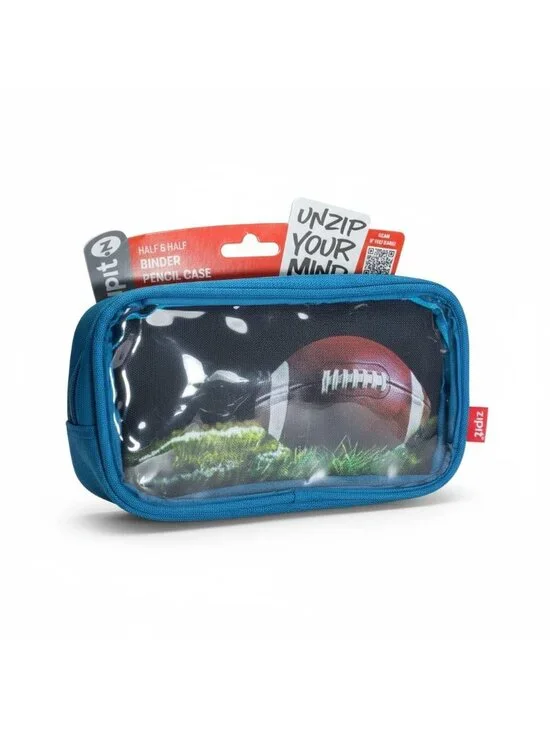 Zipit Half & Half Binder Pencil Case Football Design Blue & Clear Multiple Compa