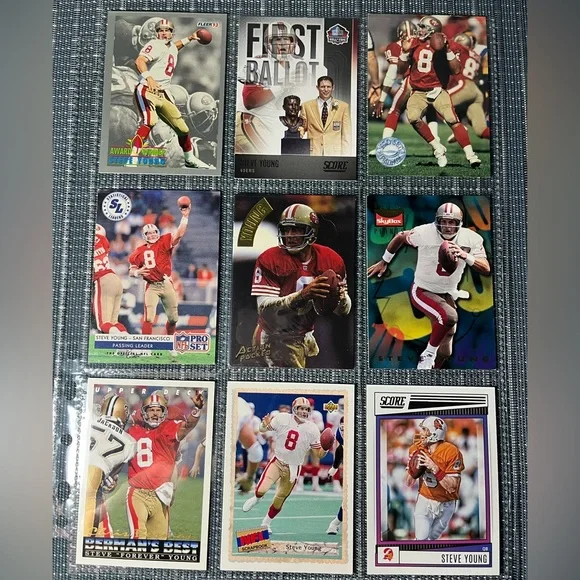 🏈 Steve Young NFL National Football League Sports Trading Cards, Qty 9, Lot #1