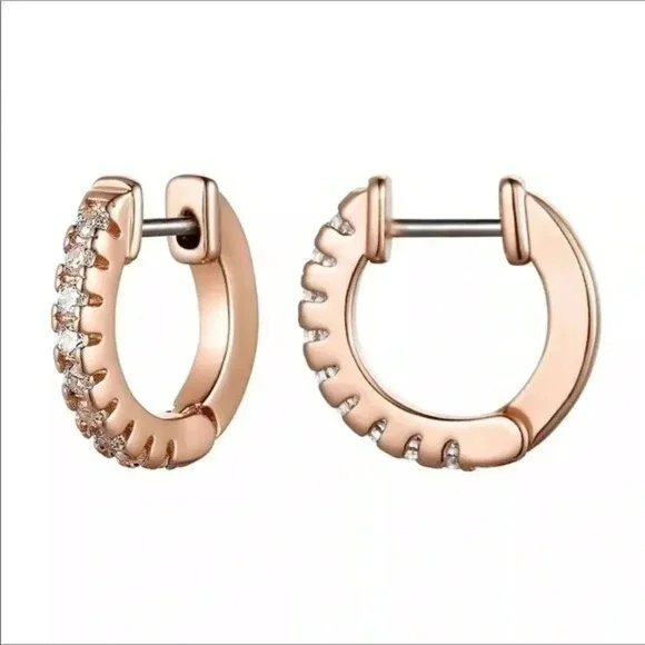 Unisex AAA Zircon Rose Gold Tone Stainless Steel Huggie Hoop Hinge Earrings NWT