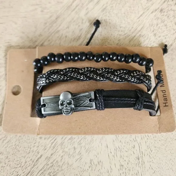 Black and Silver Skull Bracelet Set