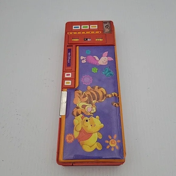 Walt Disney Winnie the Pooh Pencil Case Push Button Popup Sharpener Calendar vtg
