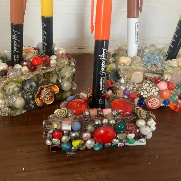 3 Handmade Pen/ Pencil/ Brush holders mosaic of beads, faux pearls, sparkles