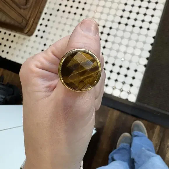 Vintage Gold Plated Tigers Eye Ring‎ Large Stone Jewelry Statement Single