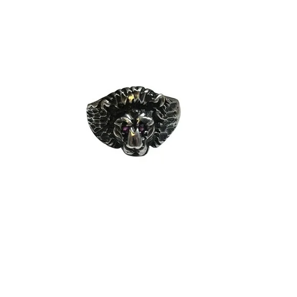 Vintage Sterling Silver Lion Head Ring Ruby Eyes SZ 9 Atlantic‎ Jewelry Co