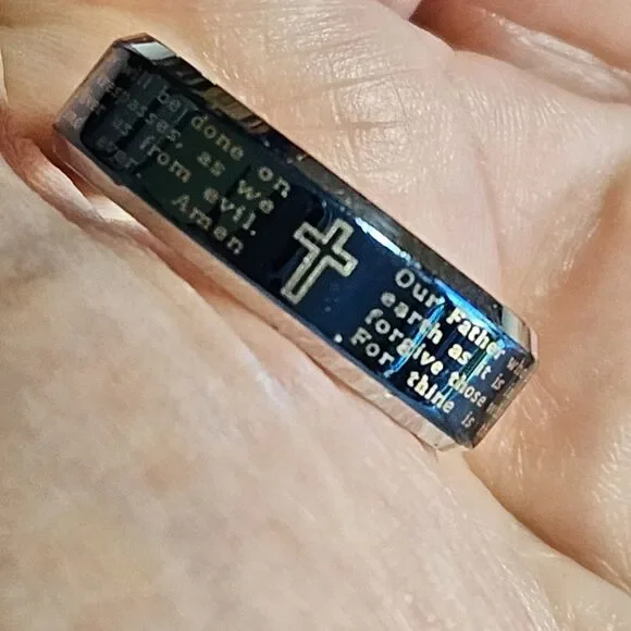 Stainless Steel Two Toned Blue IP & Silver Lord's Prayer Ring Size 7