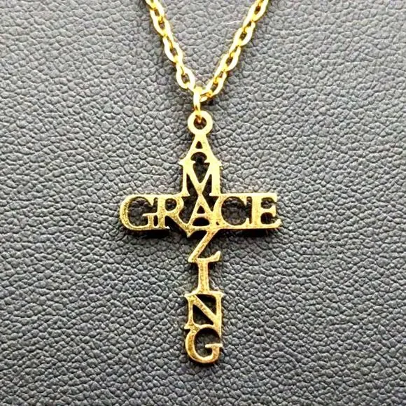 Gold Plated Necklace w/ Amazing Grace Cross Pendant Anniversary Valentine's Gift