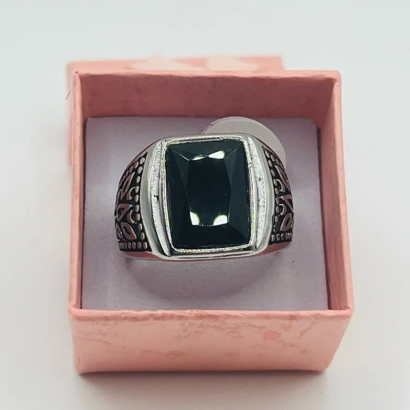 Men's Black Silver Ring, Stainless Steel, Size: 10