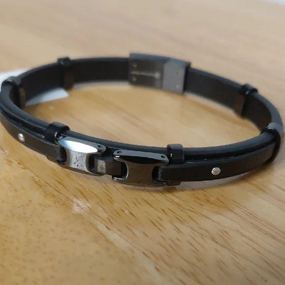 Black Leather Bracelet with Stainless Steel Silver Accents