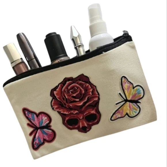 Hand Crafted embroidered bag red skull multicolored butterflies red rose rustic