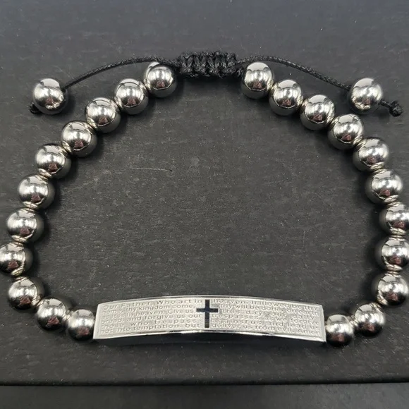 Men's Stainless Steel Adjustable Beaded with Lord's Prayer Bracelet