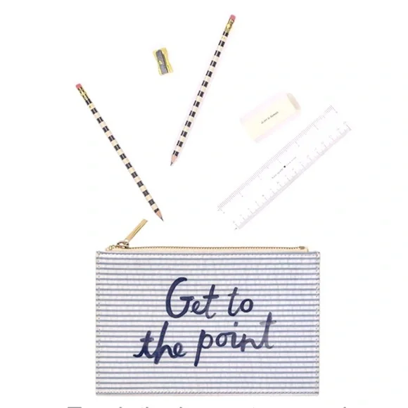 Kate Spade Seersucker Pencil Case Zip Pouch Navy Blue Office School Supplies NWT