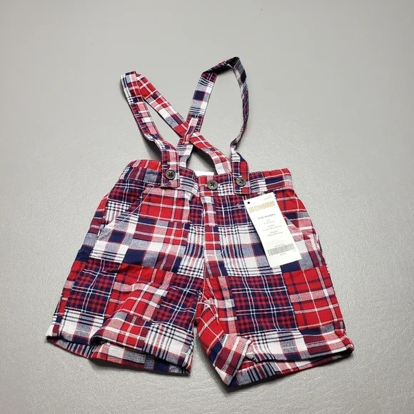 New gymboree blue and red plaid overall shorts babys size 6-12 months