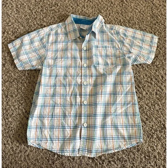 Gymboree Boys White‎ Blue Plaid Short Sleeve Button Down Size 8