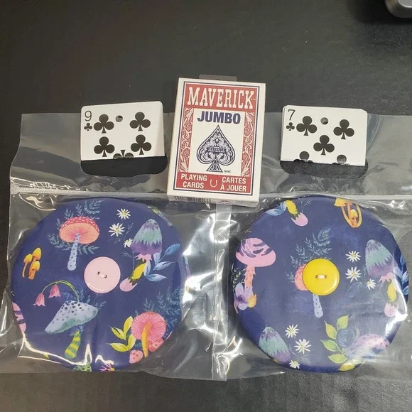 Fabric Playing Card Holder Helping Hands Lot Of 2 + Cards, Blue W/‎ Mushrooms