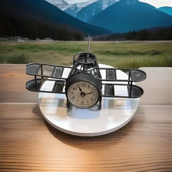 Timex Mini-Clock Plane Silver Desktop Pencil Holder Office Aviation Collectible