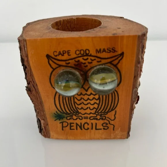 Vintage Owl Tree Trunk Wood Pencil Holder With Marble Eyes Cape Cod Mass
