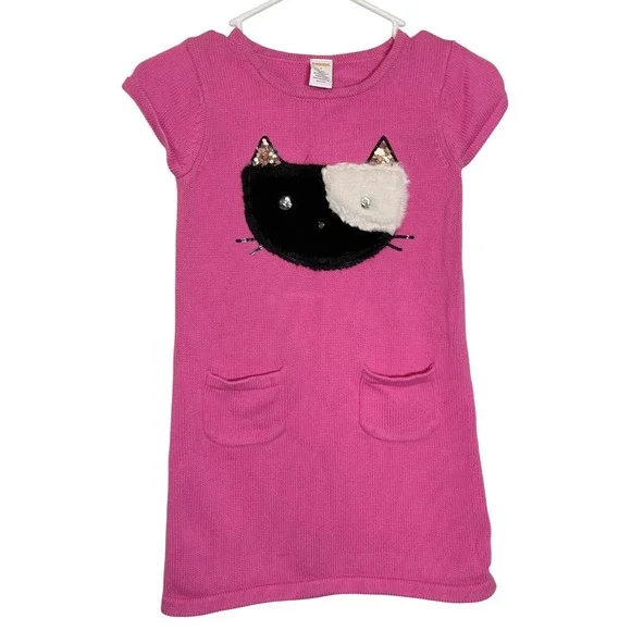 Gymboree 8 Pink Sweater Dress Cat Applique Sequin Pockets Catcore Kawaii