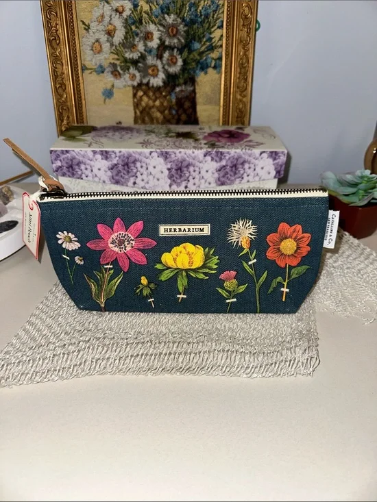 Cavallini & Co HERBARIUM natural blue pink green vintage mini pouch 100% cotton