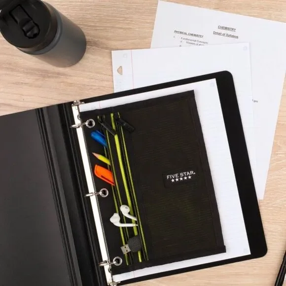 Five Star Black Green Silver Mesh Dual Zipper Binder Compatible Pencil Pouch