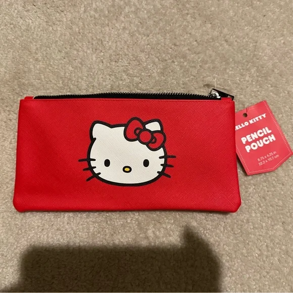hello kitty sanrio pencil stationary makeup cosmetics pouch zip up red bow