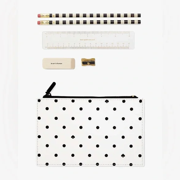 Kate Spade New York Black Spade Dot Pencil Pouch White w/Black Polka Dots NWT