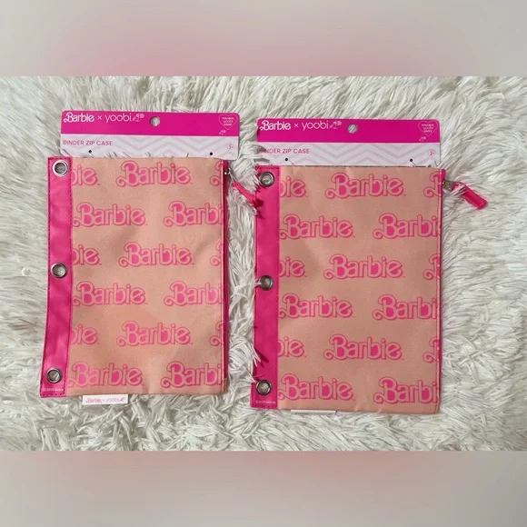 NEW Lot of 2 Yoobi Barbie Logo Hot Pink Zip Binder Pencil Cases Pouch School NWT