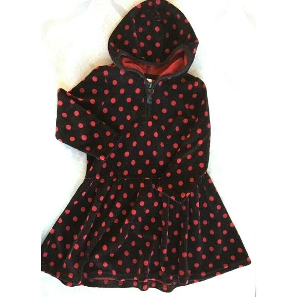 Gymboree Girl's Dress Velour Black Burgundy Polka Dots 4 Hoodie Long Sleeves EUC