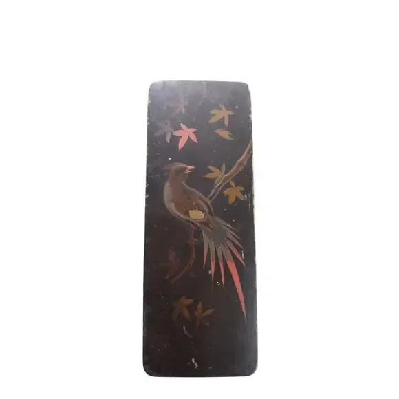 Antique Japanese Meiji Lacquer Fude-bako Brush Box Hand-Painted Bird Wabi-Sabi