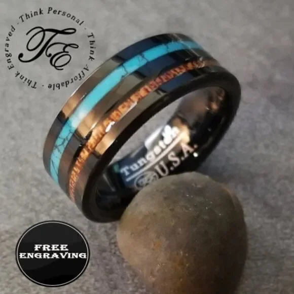 Engraved Men's Real Black Tungsten Wedding Ring - Turquoise and Koa Wood Inlays