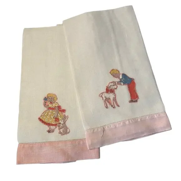 Vintage Handmade Linen Kids‎ Tea Towels 24x14