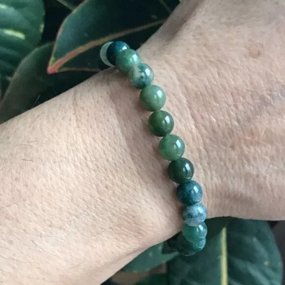 8mm Moss Agate Beaded Gemstone Stretch Bracelet
