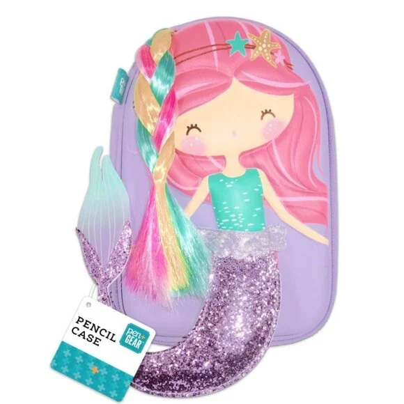 3D Purple Glitter Mermaid Zipper Pencil Case With Colorful Hair Sequin Tail NEW