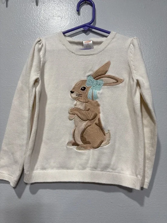Gymboree Girls Knit Sweater Embroidered Bunny Cream Size 7/8
