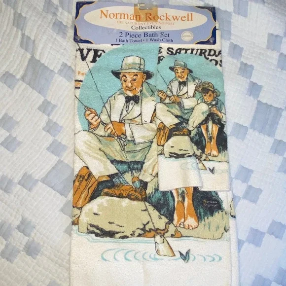 VINTAGE BATH TOWEL SHEET SET NORMAN ROCKWELL SATURDAY EVENING POST original tags