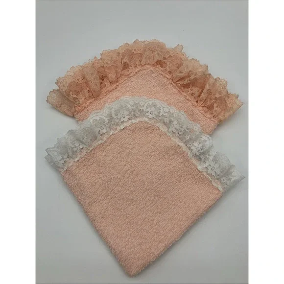 2 Vtg Cannon All Cotton Orange Peach Lace Washcloths USA Granny Cottage Coquette