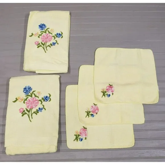 5 pc Vintage Towel Set, The Bathworks, Yellow with Embroidered Flowers