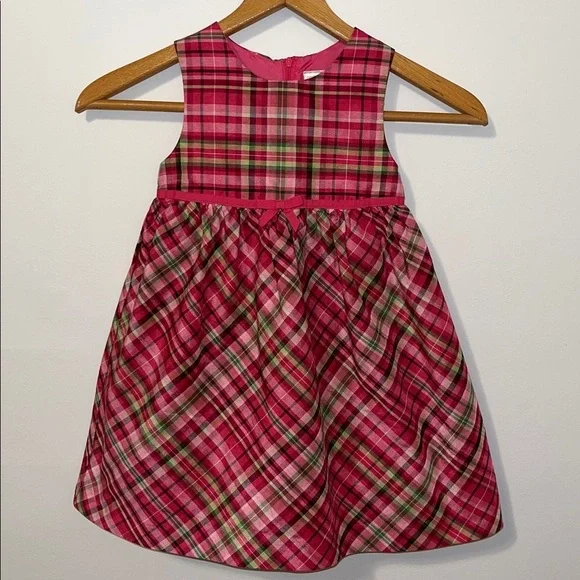 GYMBOREE Cheery All The Way Sleeveless Plaid Dress Bow Ribbon Holiday Pink EUC